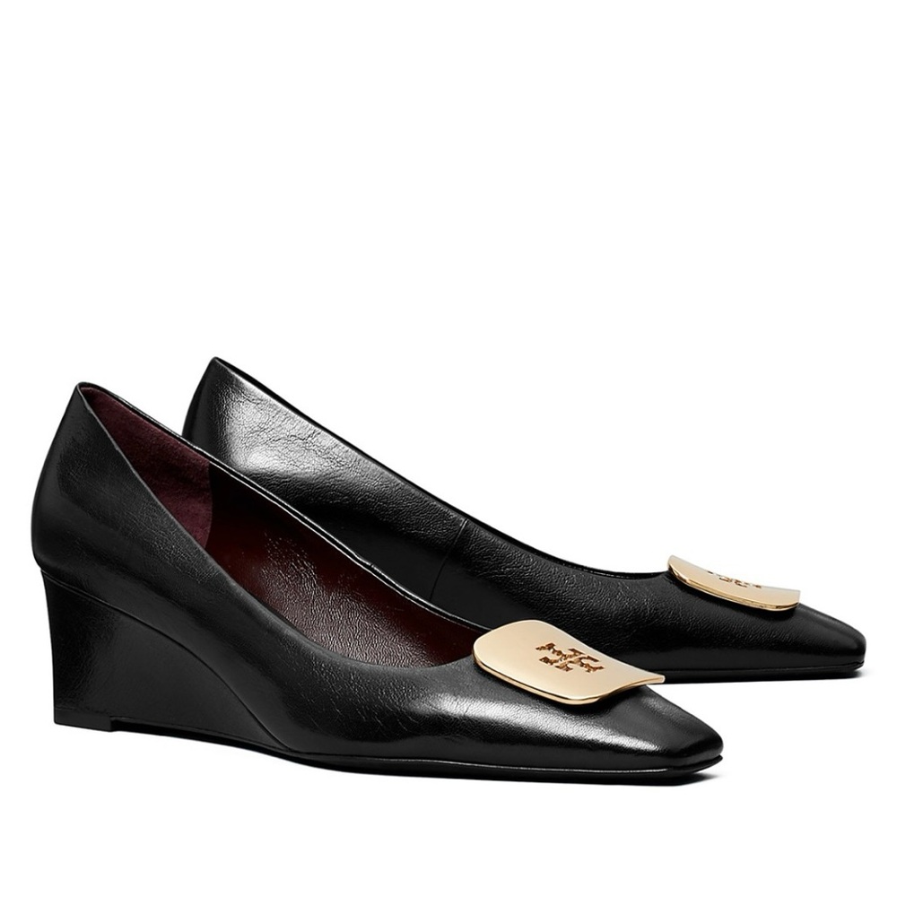 Tory Burch Georgia Black Leather Wedge Pumps - Picture 10 of 11